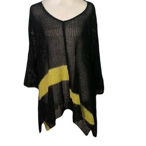 Alembika Small Black Yellow Open Knit Poncho Sweater Oversized Artsy Lagenlook